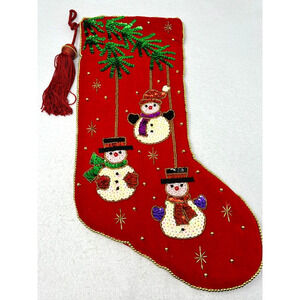 Vtg International Silver Company Christmas Sequin Snowman Stocking Tassel Velvet
